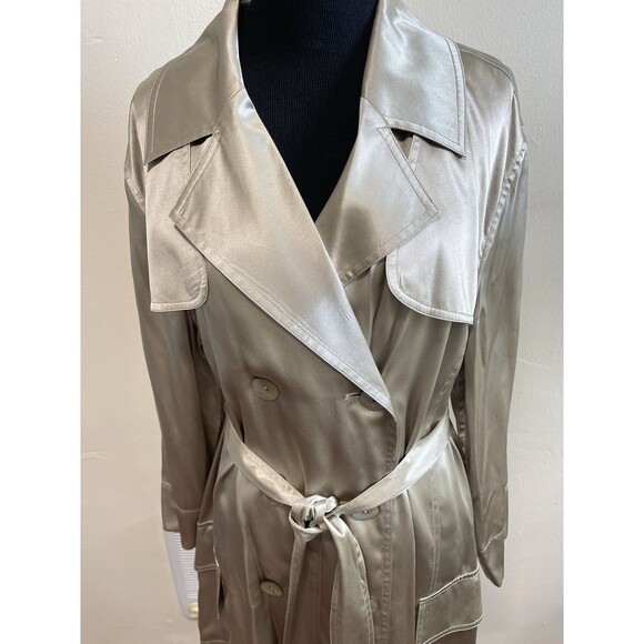 Chicos Ladies Silk Trench Coat, Goldish, Roll Tabs, Lightweight Sash, Size 3 - Picture 1 of 8